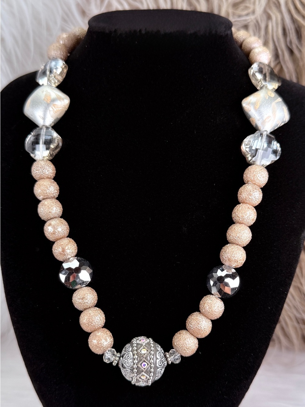 Champagne Beaded Necklace Ornate Center Bead Statement Gold Silver Tone